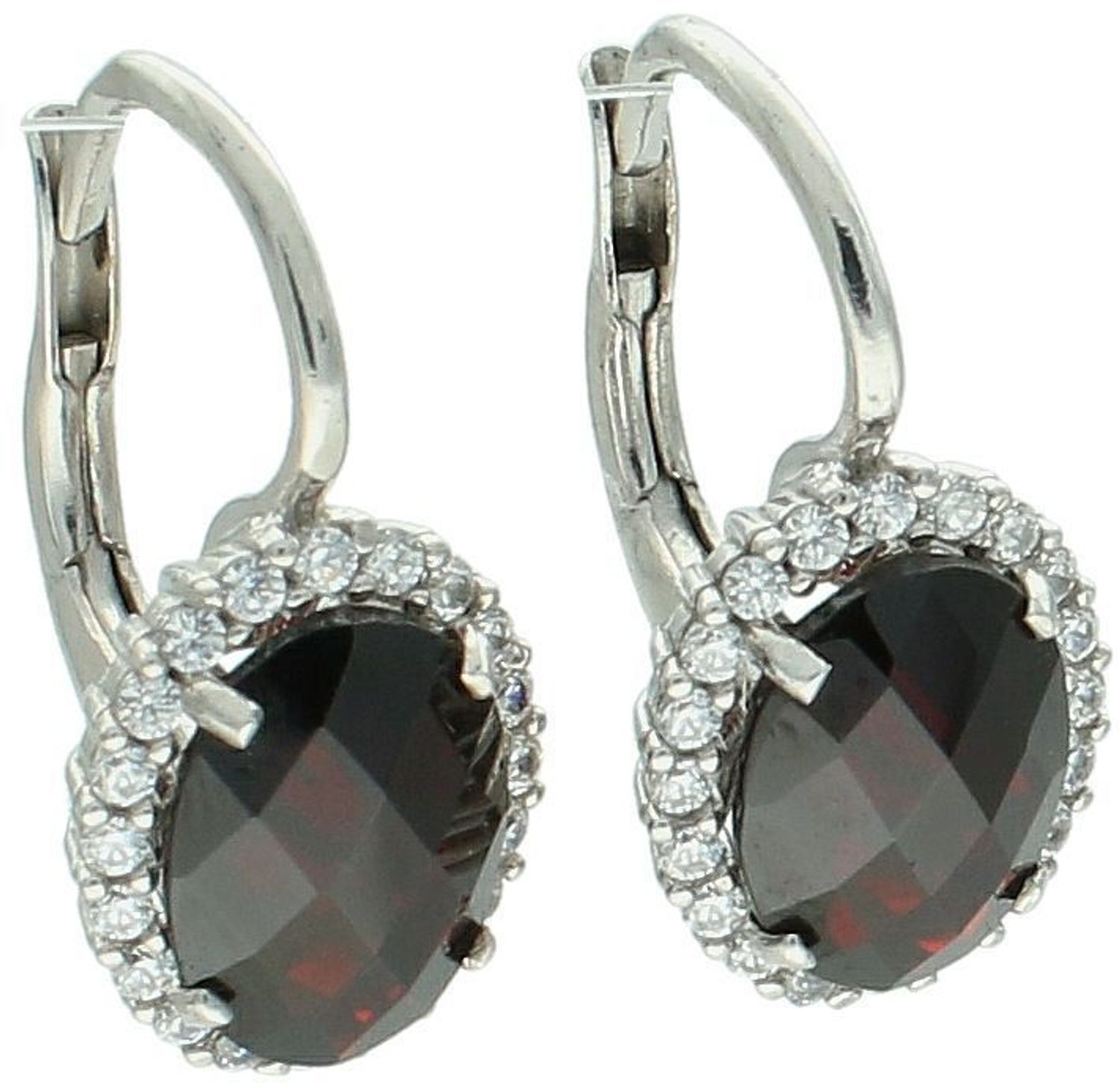 Eleganckie kolczyki damskie wykonane ze srebra próby 925, ozdobione naturalnym granatem w kształcie owalu. Zapięcie na bigiel angielski. Waga 3,50 g, długość 2,0 cm, szerokość 1,0 cm. Model K 03.jpg